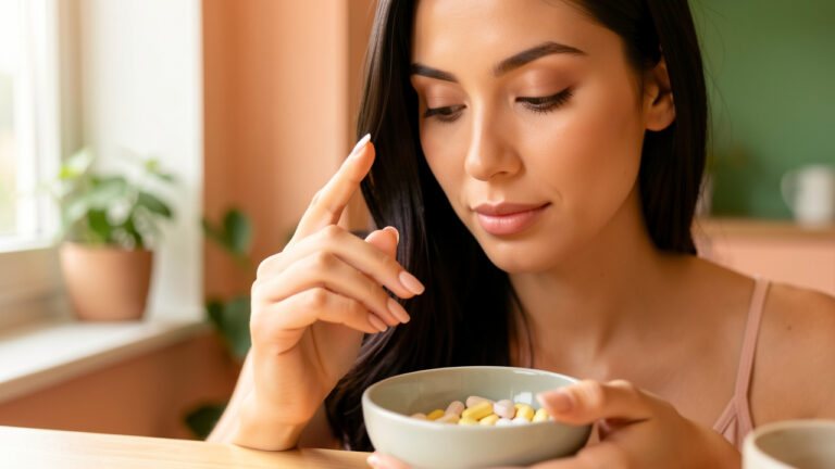 Femme en bonne santé montrant ses ongles naturels, avec une peau lumineuse et des cheveux brillants, à côté de comprimés d’acide folique.