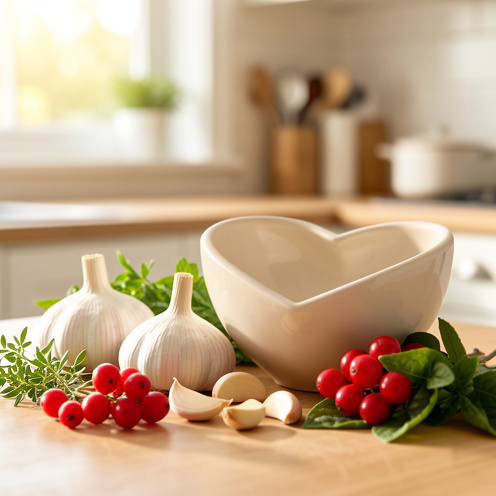 Bulbes et gousses d’ail frais disposés avec des baies rouges, des herbes vertes et un bol en forme de cœur dans une cuisine lumineuse.