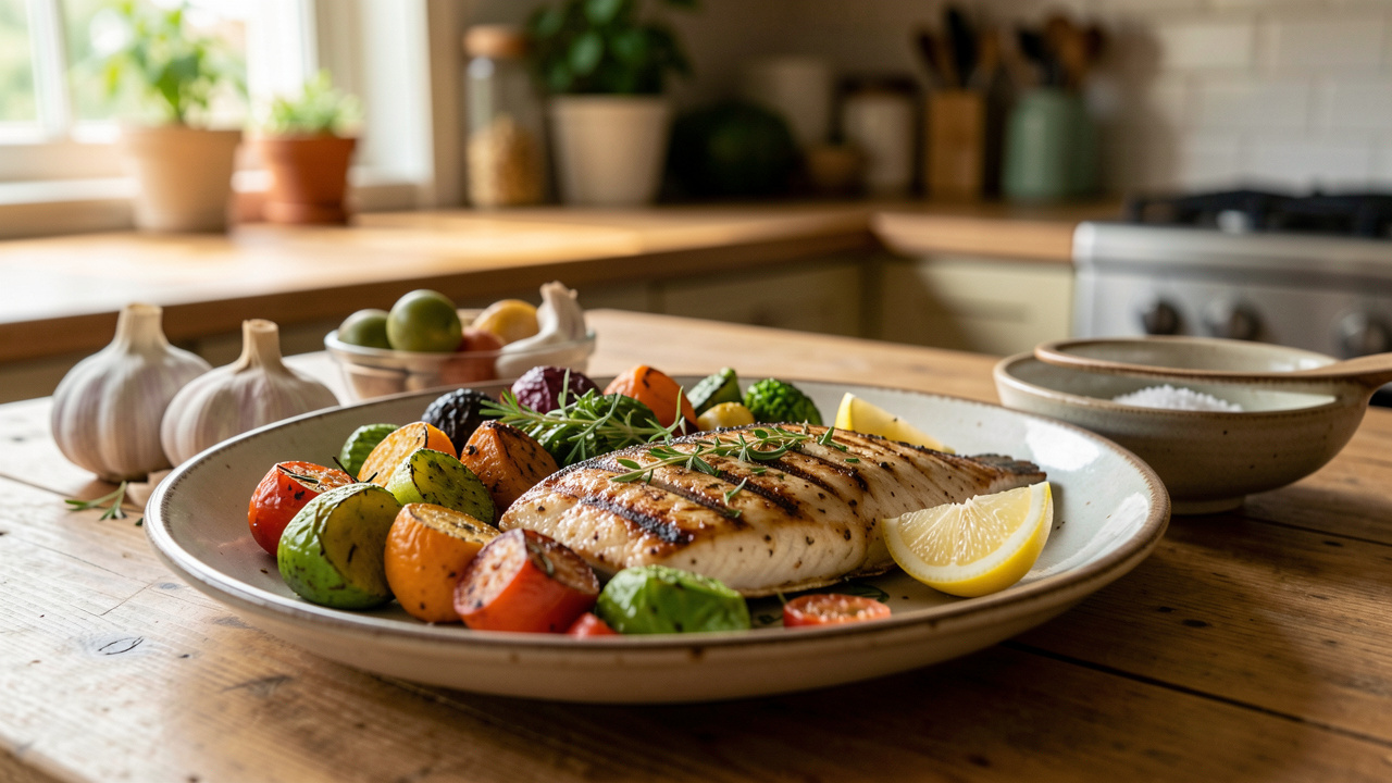 Repas équilibré composé de poisson grillé, de légumes rôtis, d’herbes fraîches, de citron, d’ail et d’une petite coupelle de sel.