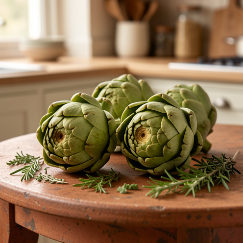 Artichauts frais entiers et coupés, présentés avec des ingrédients végétaux dans une ambiance naturelle et apaisante.