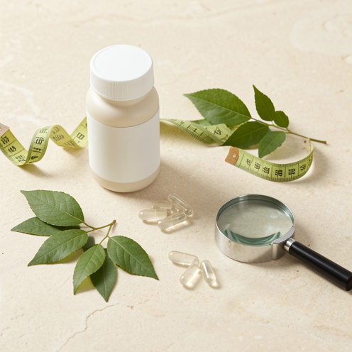 Nature morte bien-être avec un flacon de complément sans étiquette, des gélules transparentes, des feuilles végétales, un mètre ruban et une loupe de laboratoire.
