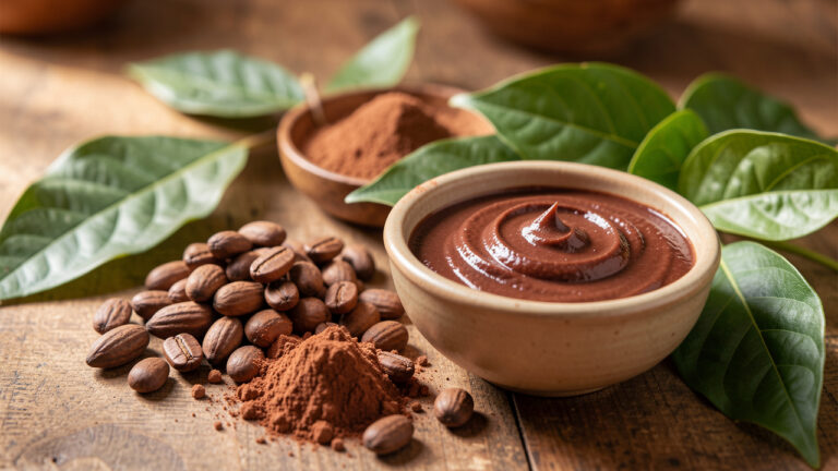 Nature morte de fèves de cacao, poudre de cacao, feuilles de cacaoyer et crème hydratante évoquant l’éclat et la protection de la peau.
