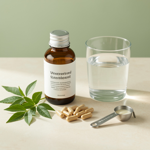Flacon ambré sans étiquette accompagné de capsules, de feuilles végétales, d’un verre d’eau et d’une cuillère doseuse sur une surface claire.