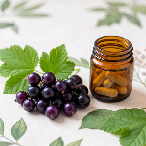 Grappe de cassis mûrs accompagnée de feuilles vertes et d’un petit flacon ambré contenant des gélules neutres, présentés sur une table claire.