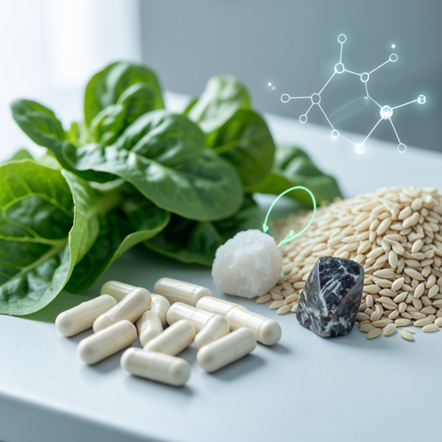 Capsules de complément alimentaire non marqué disposées près d’aliments complets, de légumes verts, de céréales et d’un petit échantillon minéral dans une ambiance de bien-être.