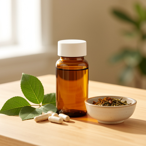 Flacon ambré de complément alimentaire sans étiquette, accompagné de capsules, de feuilles végétales et d’ingrédients naturels sur une table en bois.