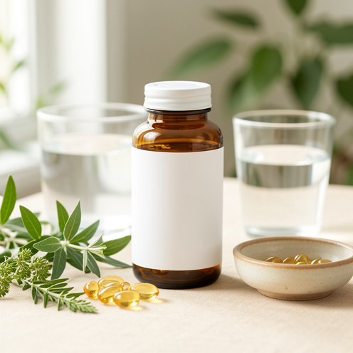 Composition soignée d’un flacon ambré sans étiquette entouré d’ingrédients botaniques, de capsules et d’un verre d’eau dans une ambiance de bien-être.
