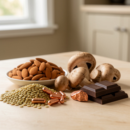 Complément alimentaire de cuivre présenté avec des aliments naturellement riches en cuivre, comme des lentilles, des amandes et des champignons.