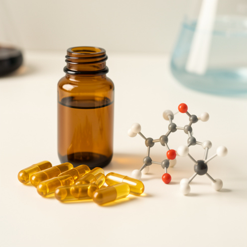 Nature morte scientifique avec des gélules dorées, un flacon ambré sans étiquette et des modèles moléculaires évoquant la curcumine et la coenzyme Q10.