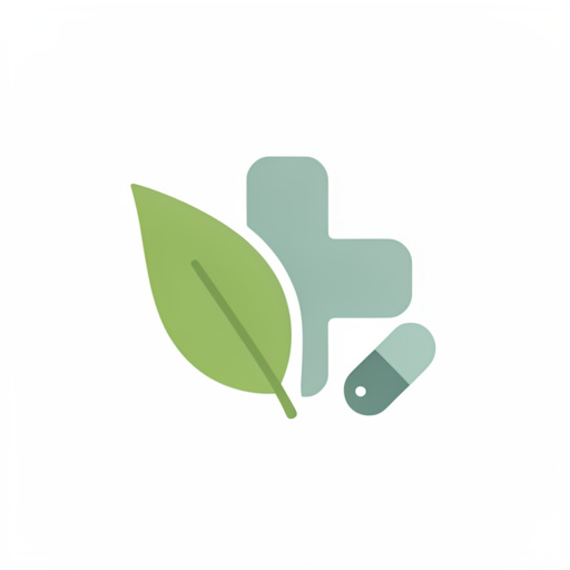 Emblème minimaliste et moderne représentant une feuille verte associée à une croix médicale arrondie et un élément botanique en forme de capsule, sur fond uni clair, sans texte.