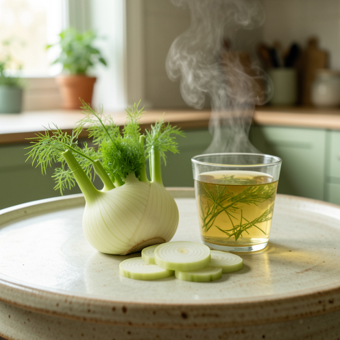 Bulbes de fenouil frais, fenouil tranché et infusion chaude présentés sur une table rustique, évoquant le confort digestif.