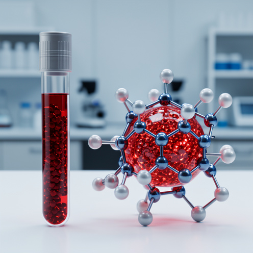 Visualisation médicale d’une protéine de ferritine contenant des particules de fer, à côté d’un tube d’échantillon sanguin non étiqueté.