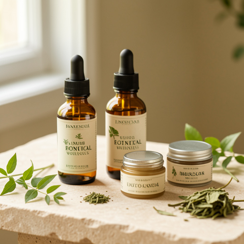 Gamme de produits de bien-être à base de cannabidiol présentés dans des flacons ambrés et des petits pots, accompagnés de feuilles végétales.