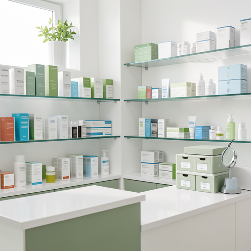 Gamme de produits de soin et de bien-être présentée sur des étagères dans une pharmacie, avec un espace de conseil propre et organisé.