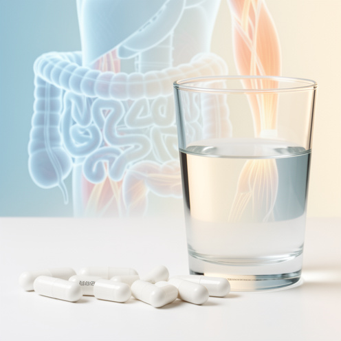 Composition médicale présentant des gélules blanches sans étiquette, un verre d’eau et une représentation discrète d’un intestin sain et de fibres musculaires en récupération.