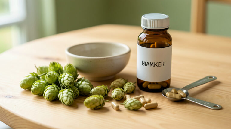 Cônes de houblon frais et séché disposés à côté d’un flacon ambré sans étiquette et de capsules sur une table en bois.
