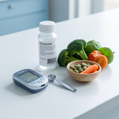 Nature morte médicale avec un lecteur de glycémie, un flacon de complément sans étiquette, une cuillère doseuse et des aliments équilibrés sur un plan de travail clinique.
