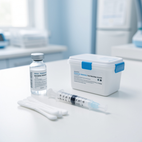 Kit médical d’injection d’insuline avec flacon, seringue stérile, compresses et contenant réfrigéré disposés sur un plan de travail clinique propre.
