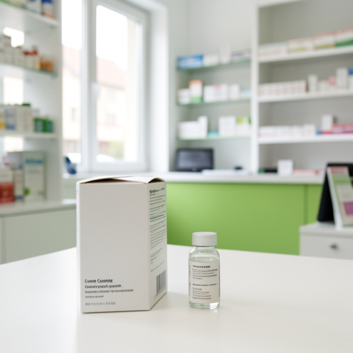 Présentation neutre d’un complément de bien-être générique dans un environnement de pharmacie, avec une boîte sans inscription et un flacon sur un comptoir.