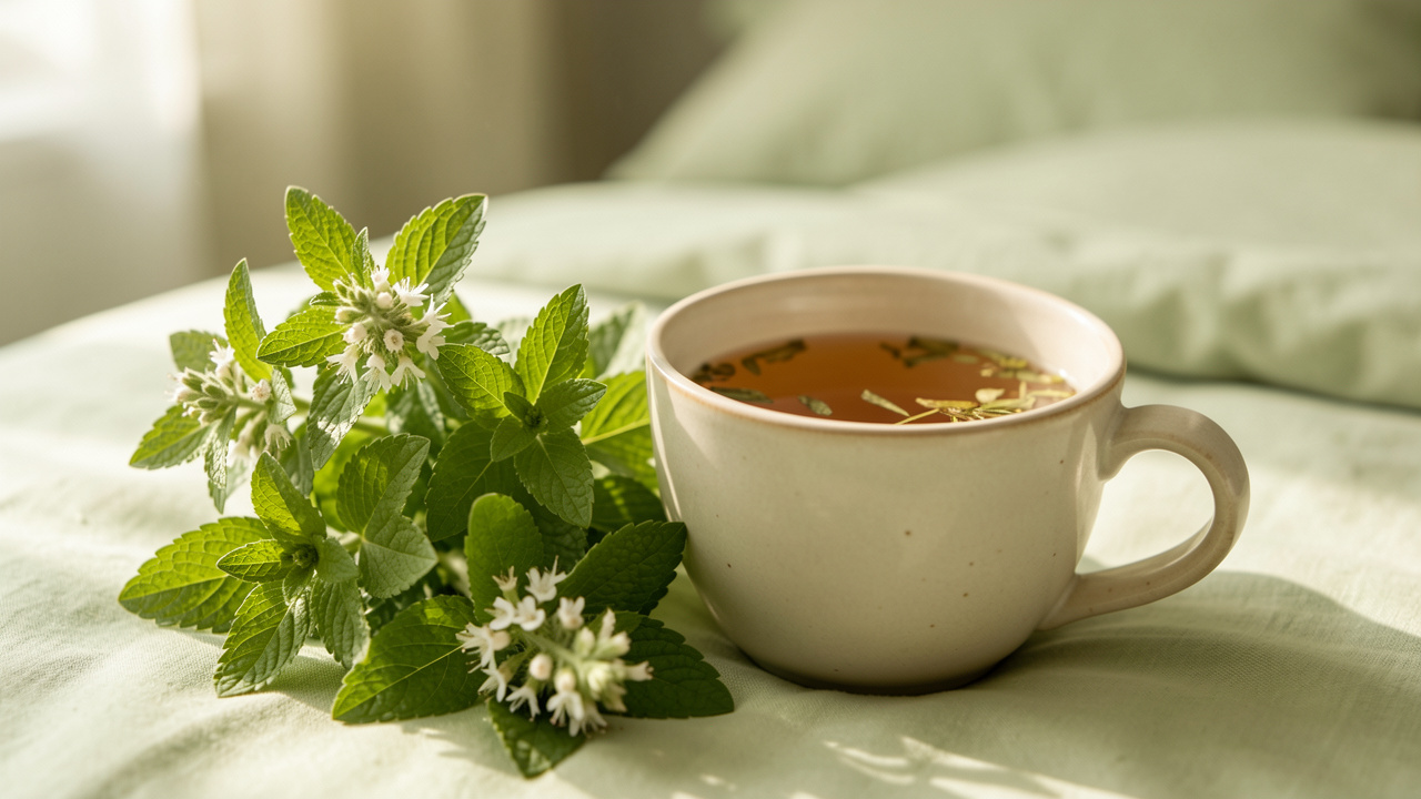 Feuilles fraîches de mélisse et fleurs blanches disposées à côté d’une infusion chaude dans une tasse en céramique, dans une atmosphère douce et apaisante.