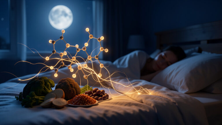 Composition apaisante associant une représentation moléculaire de la méthionine, des aliments naturels et des connexions neuronales lumineuses dans une ambiance nocturne propice au sommeil.