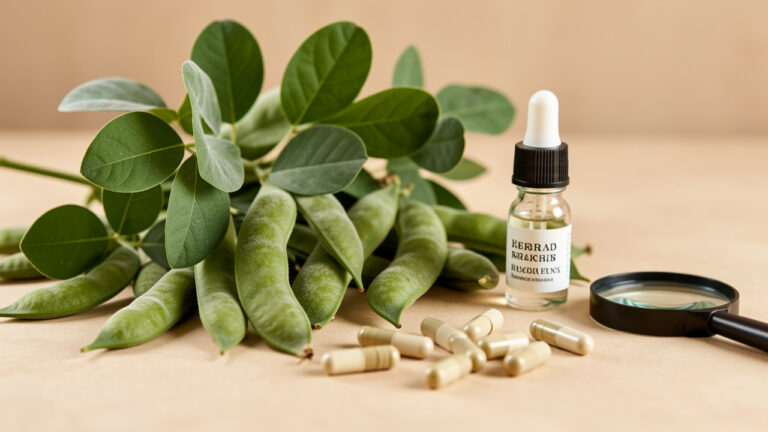 Plant de Mucuna pruriens accompagnée de gélules végétales et d’accessoires évoquant l’évaluation attentive d’un complément alimentaire.