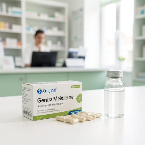 Boîte de médicament générique, capsules scellées et petit flacon présentés sur un comptoir de pharmacie, dans une atmosphère claire et professionnelle.