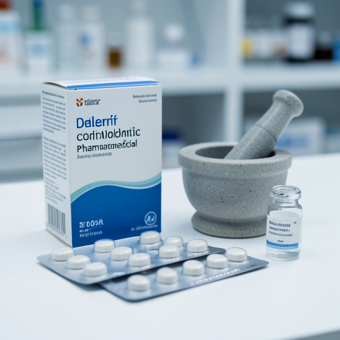 Nature morte médicale montrant une boîte de médicament générique, des plaquettes et un flacon sur un comptoir de pharmacie, évoquant la composition et les effets indésirables possibles.