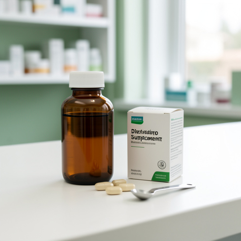 Flacon neutre de complément alimentaire accompagné de gélules et d’une cuillère doseuse sur un comptoir de pharmacie.
