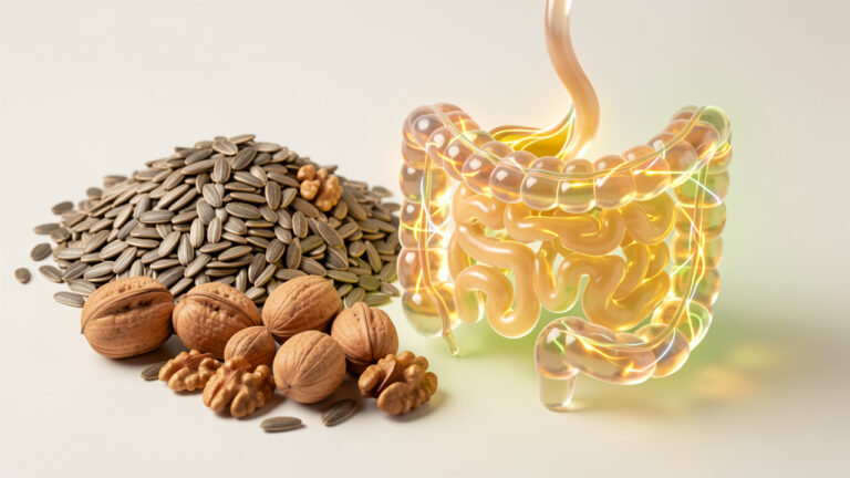 Nature morte scientifique montrant des aliments riches en oméga-6 près d’une représentation translucide du système digestif et de voies métaboliques lumineuses.