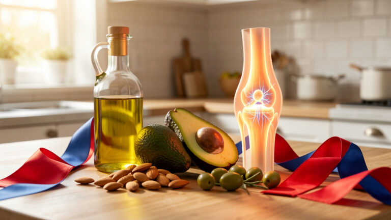 Nature morte montrant de l’huile d’olive, des amandes, un avocat et des olives, accompagnés de formes évoquant la circulation sanguine et une articulation du genou éclairée.