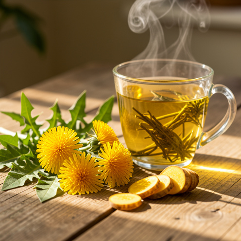 Fleurs, feuilles et racine de pissenlit disposées près d’une infusion chaude dans une ambiance naturelle et lumineuse.