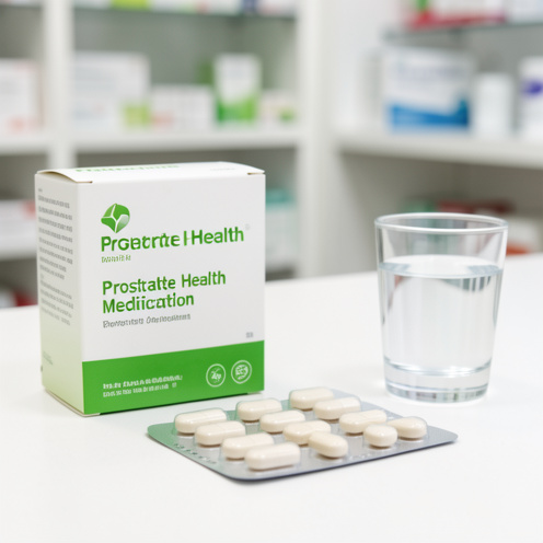Présentation générique d’un médicament pour la santé de la prostate avec plaquette de comprimés et verre d’eau sur un comptoir de pharmacie.