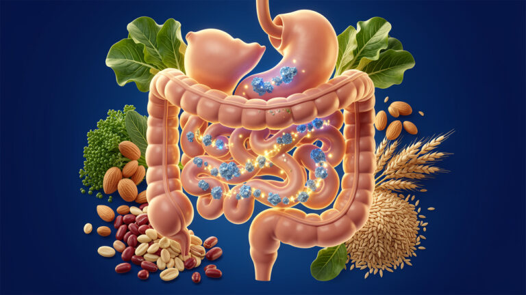 Illustration scientifique du système digestif humain entouré d’aliments riches en nutriments, avec des particules lumineuses représentant le manganèse et son rôle dans le métabolisme.
