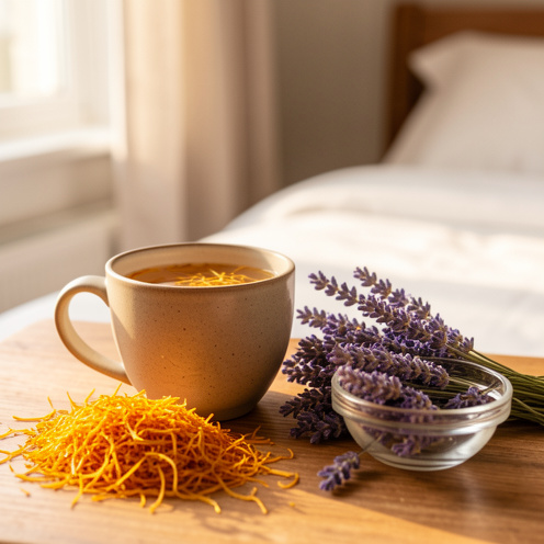 Nature morte apaisante avec des filaments de safran, une infusion chaude et de la lavande, évoquant la relaxation, l’humeur équilibrée et le sommeil.