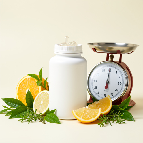 Flacon blanc sans étiquette entouré de gélules translucides, de feuilles de thé vert, de tranches d’agrumes et d’herbes, avec une balance évoquant l’évaluation et le bien-être.