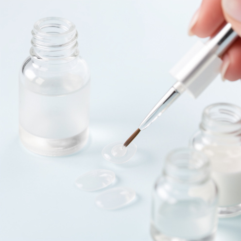 Mise en scène clinique présentant un flacon transparent sans étiquette, un pinceau applicateur et des échantillons d’ongles propres pour illustrer un soin dermatologique des ongles.