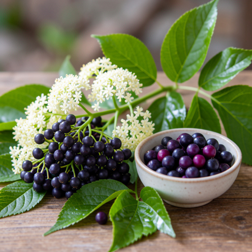Grappe de baies de sureau violettes accompagnée de fleurs et de feuilles vertes dans une composition botanique naturelle.